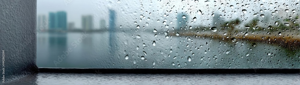 Poster raindrop on a window across cityscape with layered water texture concept. a rainy view through a win