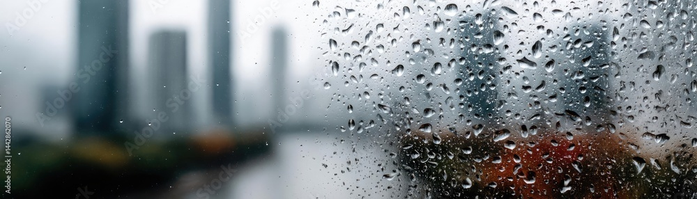 Poster raindrop on a window across cityscape with layered water texture concept. raindrops on glass with a 