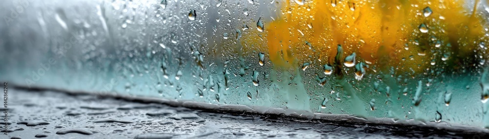 Poster raindrop on a window merging city atmosphere and rain pattern concept. close-up of raindrops on a wi