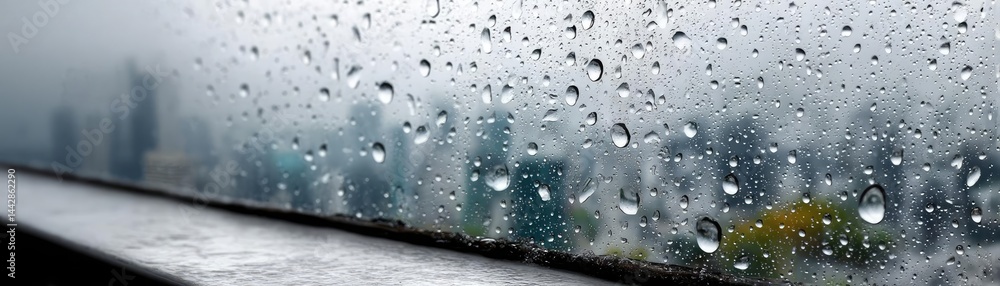 Poster raindrop on a window merging city atmosphere and rain pattern concept. raindrops on a windowpane wit