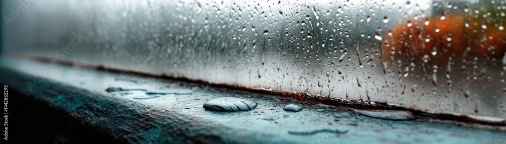 Poster raindrop on a window merging city atmosphere and rain pattern concept. raindrops on a window create 