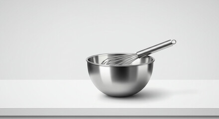 Still life of a stainless steel mixing bowl with a wire whisk resting inside, against a gradient grey to white background.