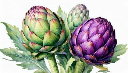  Artichokes green and purple watercolor illustration isolated on white transparent background.