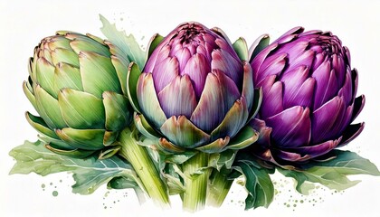 Obraz premium Artichokes green and purple watercolor illustration isolated on white transparent background.
