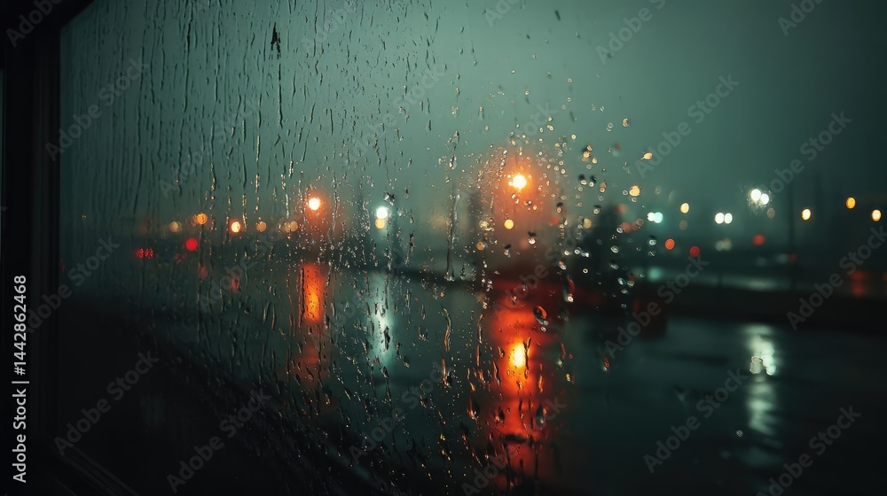 Poster raindrop on a window merging city atmosphere and rain pattern concept. raindrops on a window with gl