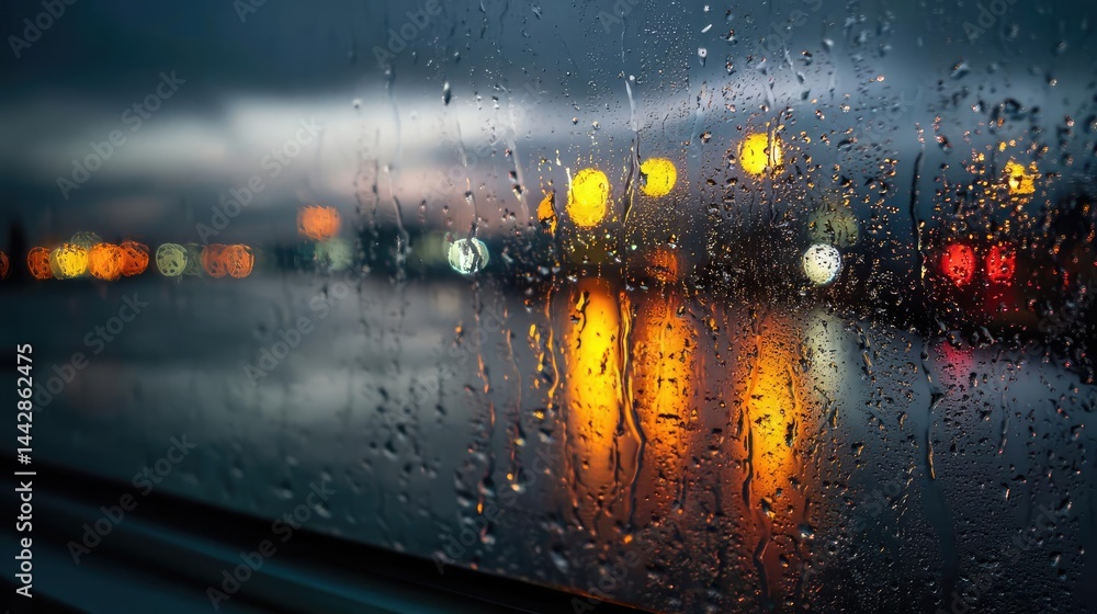 Poster raindrop on a window merging city atmosphere and rain pattern concept. raindrops on a window, creati
