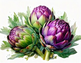 Obraz premium Artichokes green and purple watercolor illustration isolated on white transparent background.