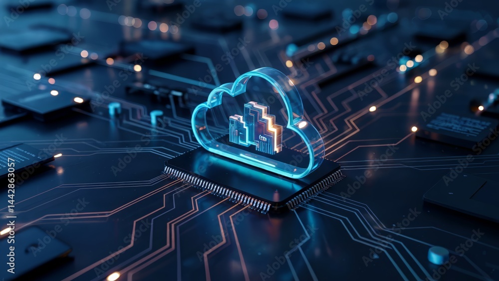 Poster cloud computing technology on circuit board, digital data network concept