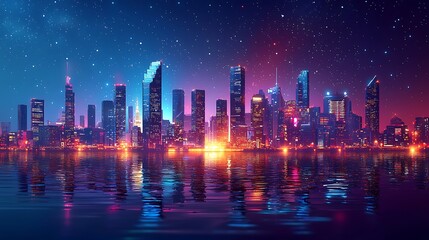 Illuminated skyline futuristic buildings night high resolution picture