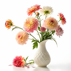 fresh blooming flowers in a stylish vase on white background, perfect for interior decoration