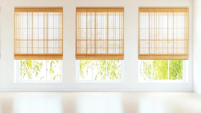 Three large windows with bamboo blinds allow soft light into a bright, minimalist room with leafy greenery visible outside.