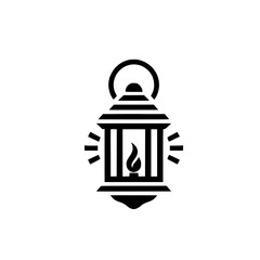 Minimalist Black Lantern Icon with Glowing Flame and Light Rays