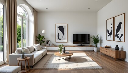home interior with neutral palette and wall for image