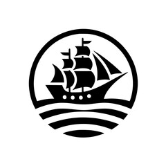Classic Black Silhouette Sailing Ship Icon in Circle with Waves - Nautical Vector Illustration