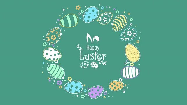 Happy Easter Animated Creative Greeting Card. Bunny ears, decorated and ornamented  easter eggs. Flat style design on green background. Easter banner or border with cute bunny ears on text