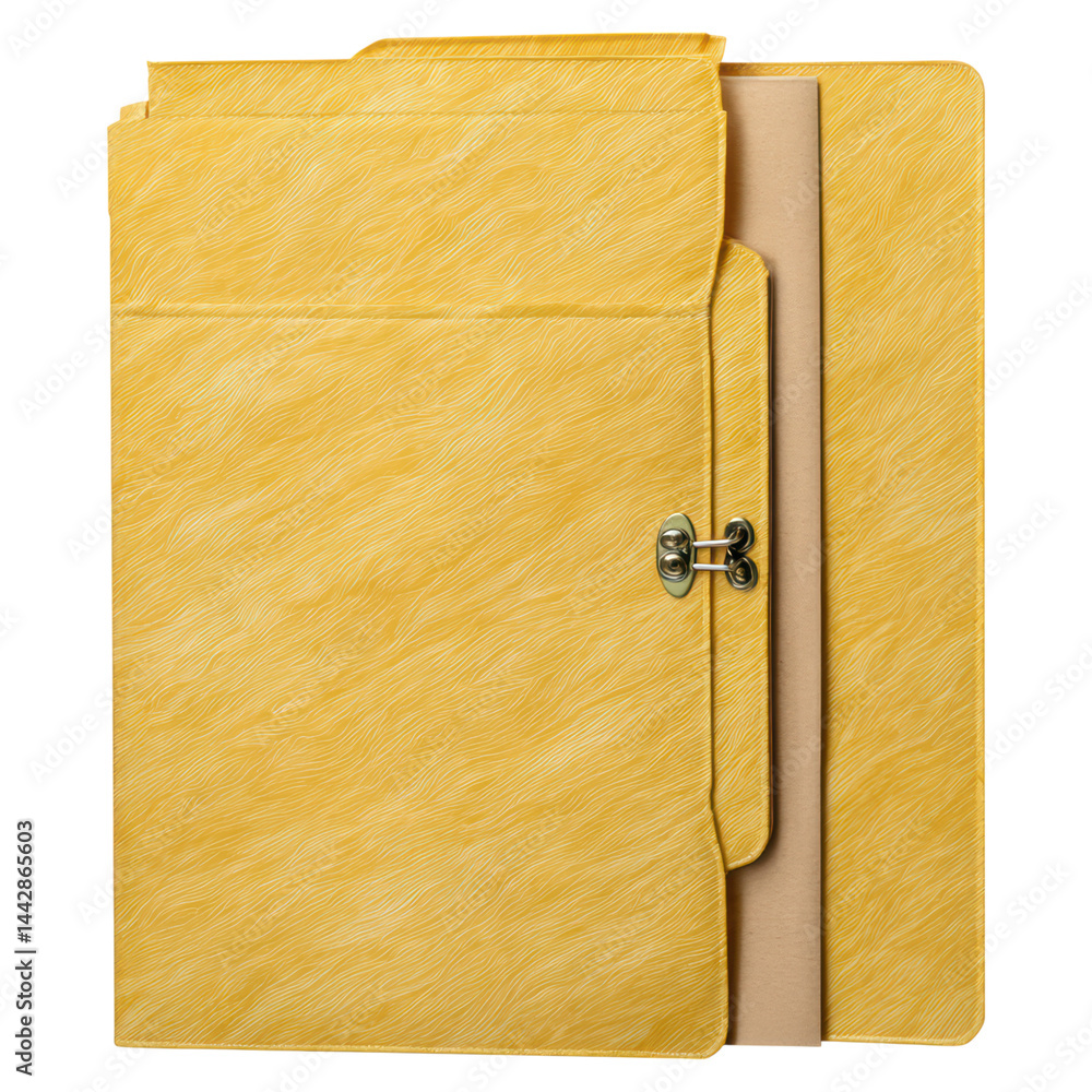 Poster yellow document folder with unique texture and closure mechanism, isolated on transparent background