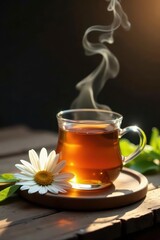 Golden herbal tea steams, daisy beside it on rustic wood , plant, home