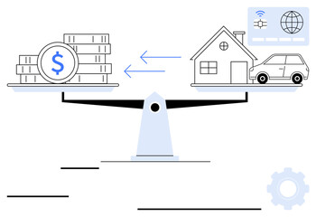 Scale balancing coins and assets, including house, car, and icons for digital transactions. Ideal for finance, insurance, investment, property value, loans budgeting flat simple metaphor