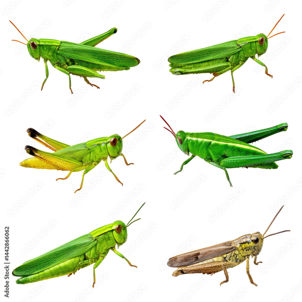 Poster close-up images of colorful grasshoppers on a transparent background, isolated on transparent backgr