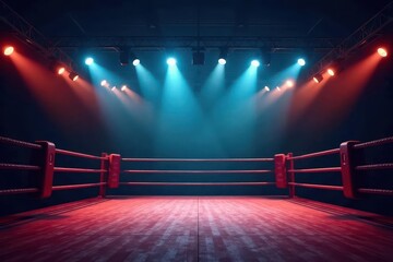 Empty boxing ring at night, spotlights glow on canvas, sports, arena, strength