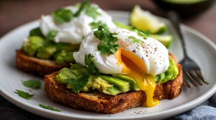 Delicious avocado toast topped with perfectly poached eggs and fresh herbs on a rustic plate