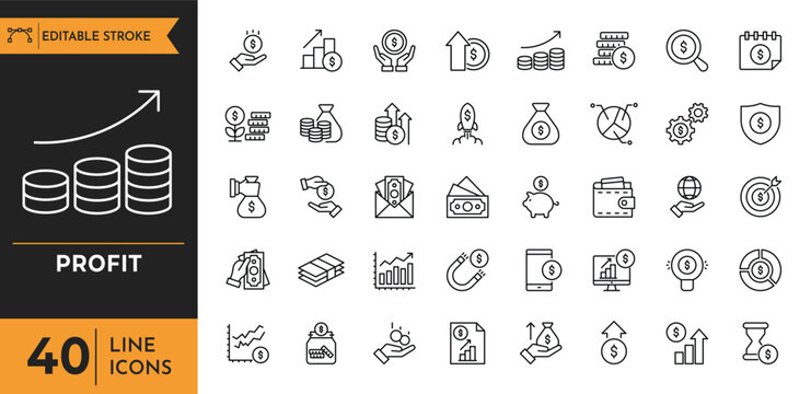 Financial profit line icon set. Containing Money income, money savings, earnings, money, cash, investment, financial growth and more. Editable stroke. Vector illustration