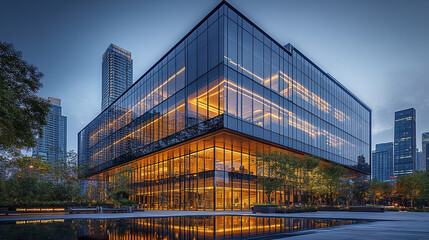 Fototapeta premium Modern high rise building at twilight with glowing windows and surrounding greenery