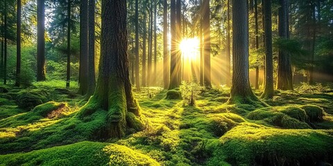 Obraz premium Serene forest with tall trees, sunbeams through foliage, and moss-covered ground.