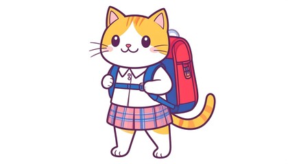Cartoon Cat Character Wearing Skirt and Backpack Ready for School Adventure with Cute Expression