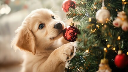 A cute puppy curiously investigates a Christmas tree ornament, surrounded by festive decorations and warm holiday lights.