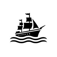 Minimalist Black Silhouette Tall Ship Icon on Stylized Waves - Nautical Symbol