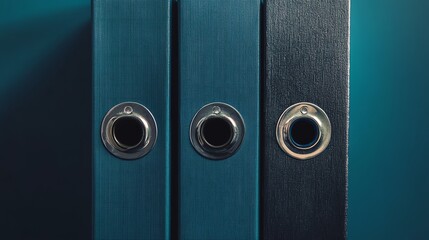 Three upright ring binders with metal rings lined up side by side against a teal background.