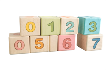 A charming set of wooden number blocks from 0 to 9, each painted in cheerful tones. The digits are carved or printed clearly on each smooth wooden cube, helping kids recognize numbers, practice counti