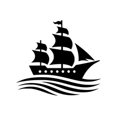 Minimalist Black Silhouette Sailing Ship Icon on Waves. Classic Nautical Adventure and Travel Symbol.