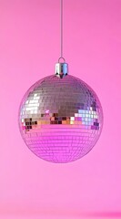 Obraz premium Mirrored disco ball hanging against a pink background.