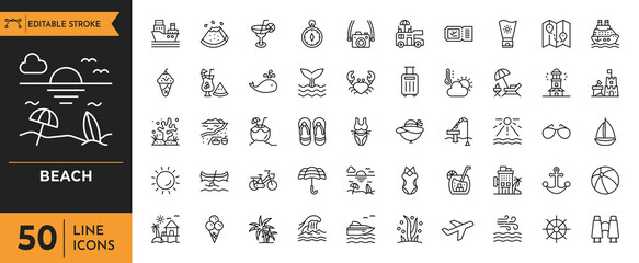Beach and summer icon set. Contain linear outline icons like holiday, sea, island, wave, ocean, cocktail, bikini, travel, sunglasses, sun, leisure, and more. vector illustartion