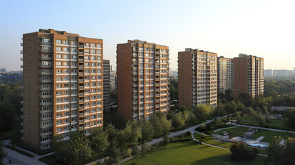 Naklejka premium Modern high rise buildings with reflective windows surrounded by greenery and pathways