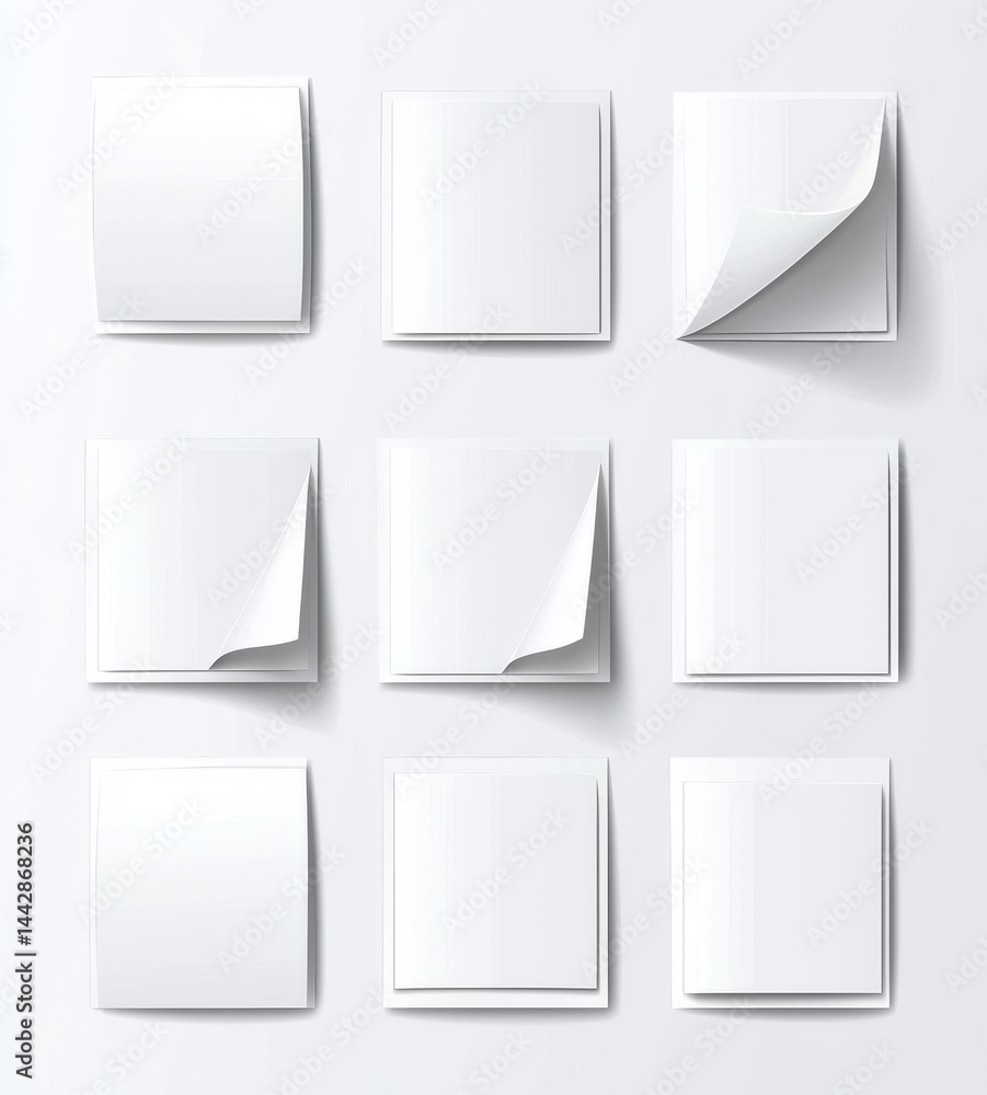 Poster modern white papers with curled and twisted edges are floating or falling in diverse positions isola