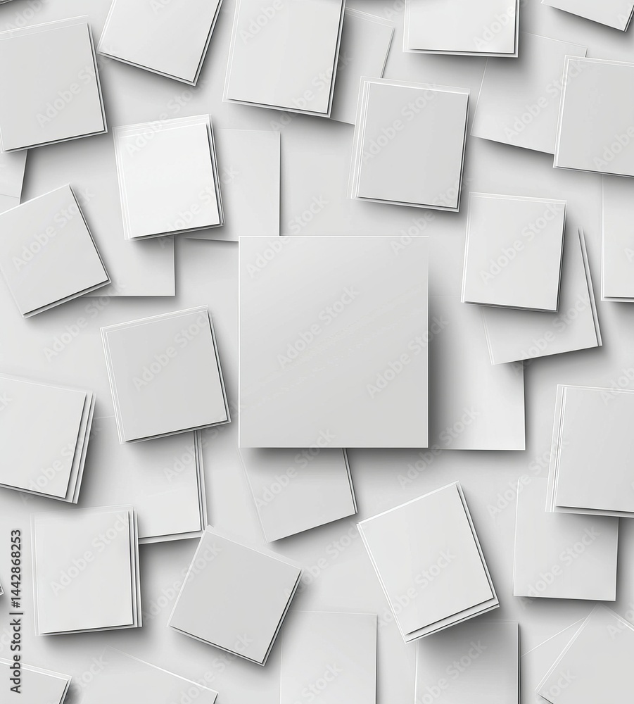 Poster a collection of contemporary white sheets of paper are suspended or descending in various orientatio