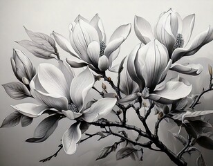 Elegance meets simplicity in Monochrome Magnolias- black and white blooms on neutral surface