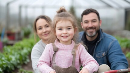 Fototapeta premium Happy Family Greenhouse Farming Natural Light Portrait Close-up View Child with Parents Green Growing Background Warm Gentle Tones Ideal for Family Farm Ads