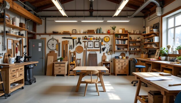 artistic workshop layout with tools and clean center