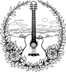 Floral, Electric guitar, Guitar, Flowers, Leaves,  Illustration, Graphic, Design, Digital art bundle