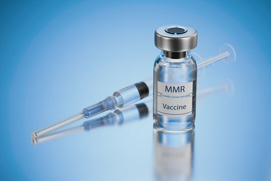 Vaccination for revaccination against measles, mumps and rubella. MMR campaign. Doctor with a vial of measles, mumps and rubella vaccine doses. Medicine and healthcare concept. 3d render.