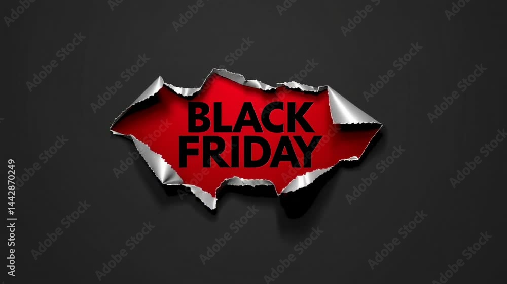 Aufkleber metallic paper is ripping, revealing a red background with the text black friday, creating an animat