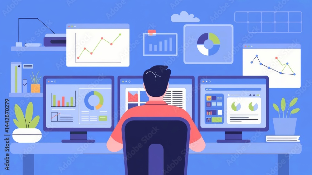 Poster data analyst at work, monitoring analytics and performance metrics