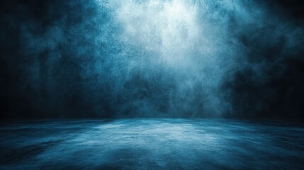 Mysterious blue foggy interior with concrete floor and dramatic lighting