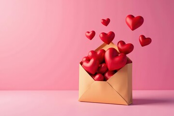 Overflowing brown envelope, vibrant hearts, pink backdrop, element, illustration