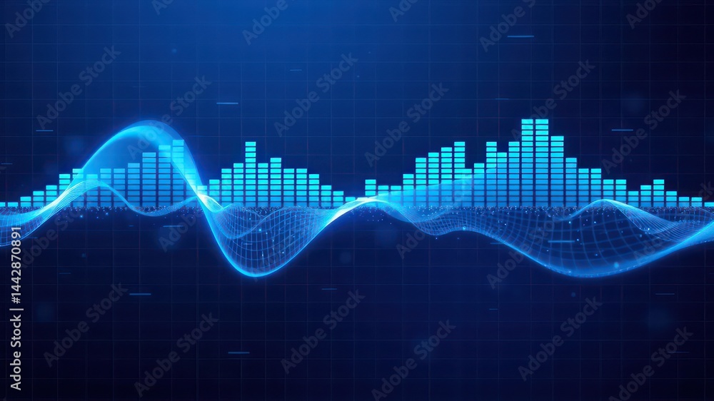 Aufkleber abstract digital audio waveform visualization glowing blue sound bars and flowing mesh