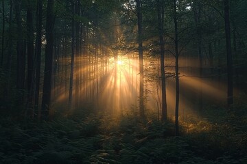 Naklejka premium Early morning sunlight streaming through a dense summer forest, creating ethereal rays and golden highlights on lush green trees and ferns.